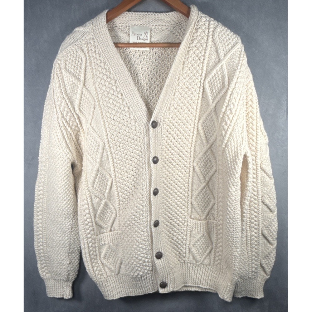 Athena Designs Irish Handknit Wool Aran Fisherman Cardigan Made in Ireland